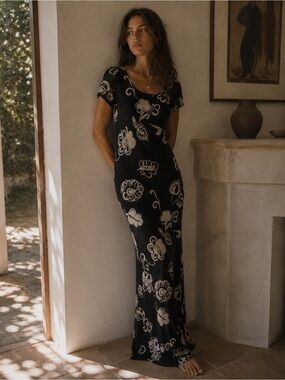 Maria Bonita 90s Sheer Black & White Floral Maxi Dress Y2K 2000s